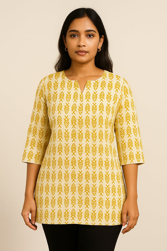Beige Short Kurti for Women – Mustard Yellow Block Print