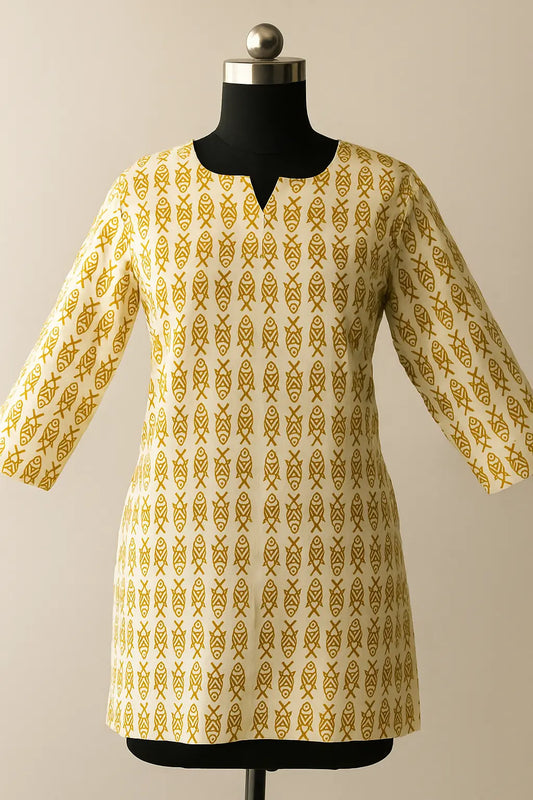 Beige Short Kurti for Women – Mustard Yellow Block Print