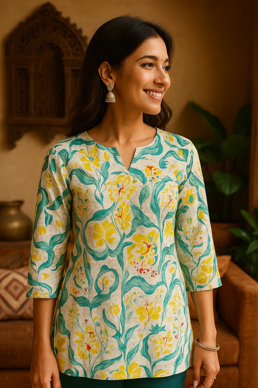 Floral Cotton Short Kurti for Women – Yellow & Green Botanical Print