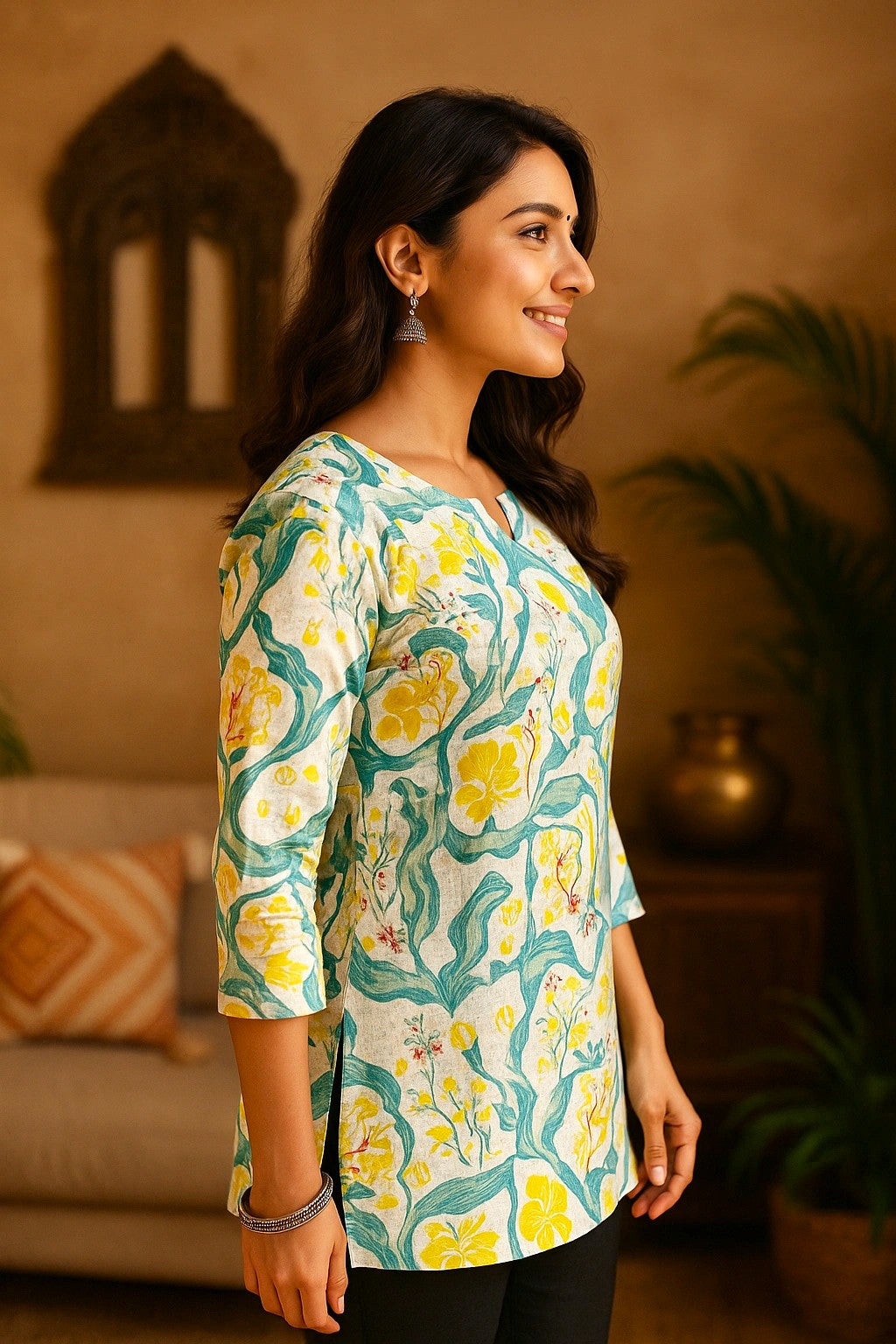 Floral Cotton Short Kurti for Women – Yellow & Green Botanical Print