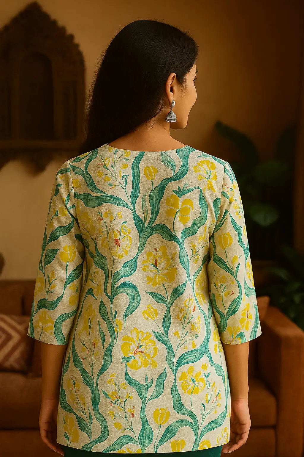 Floral Cotton Short Kurti for Women – Yellow & Green Botanical Print