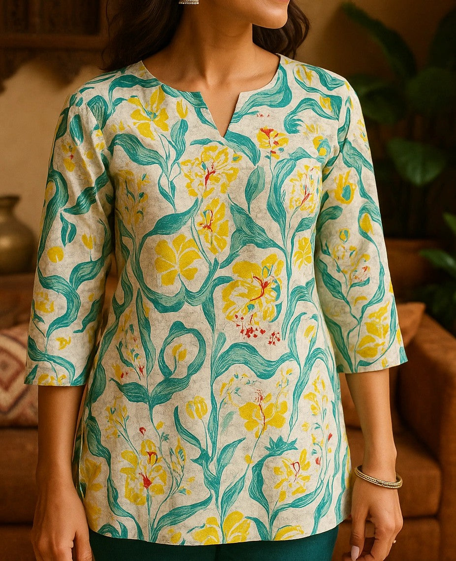 Floral Cotton Short Kurti for Women – Yellow & Green Botanical Print