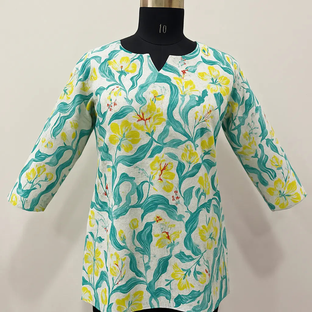 Floral Cotton Short Kurti for Women – Yellow & Green Botanical Print