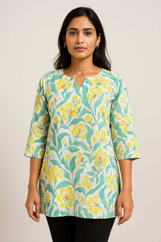 Floral Cotton Short Kurti for Women – Yellow & Green Botanical Print