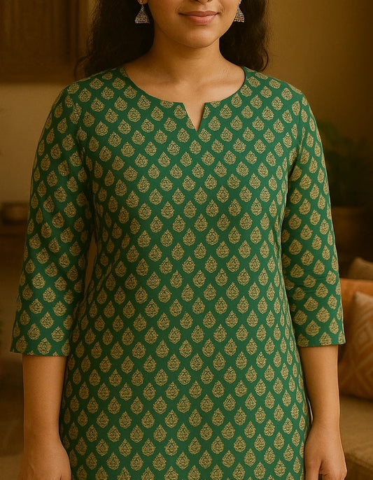Green Paisley Printed Cotton Short Kurti