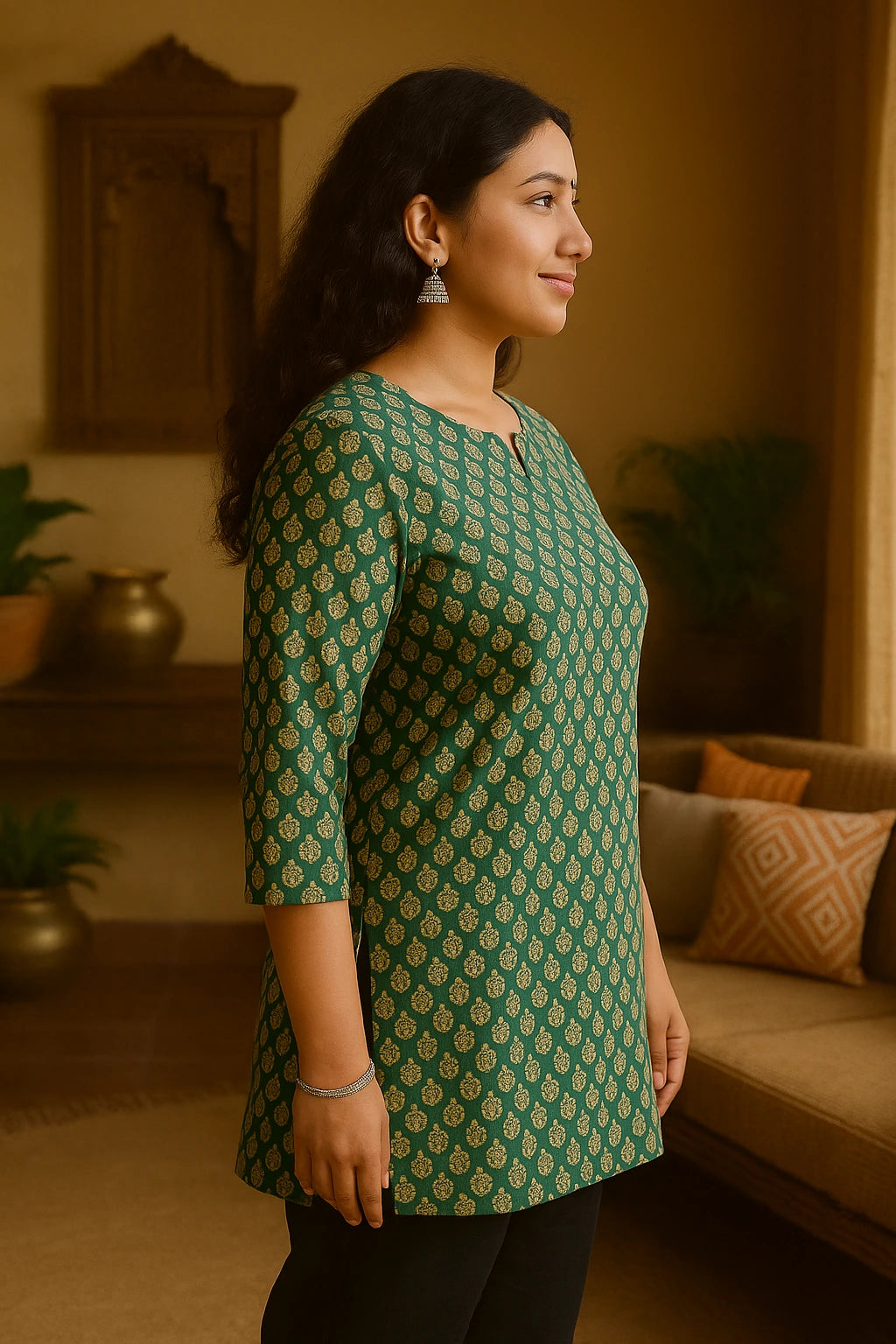 Green Paisley Printed Cotton Short Kurti