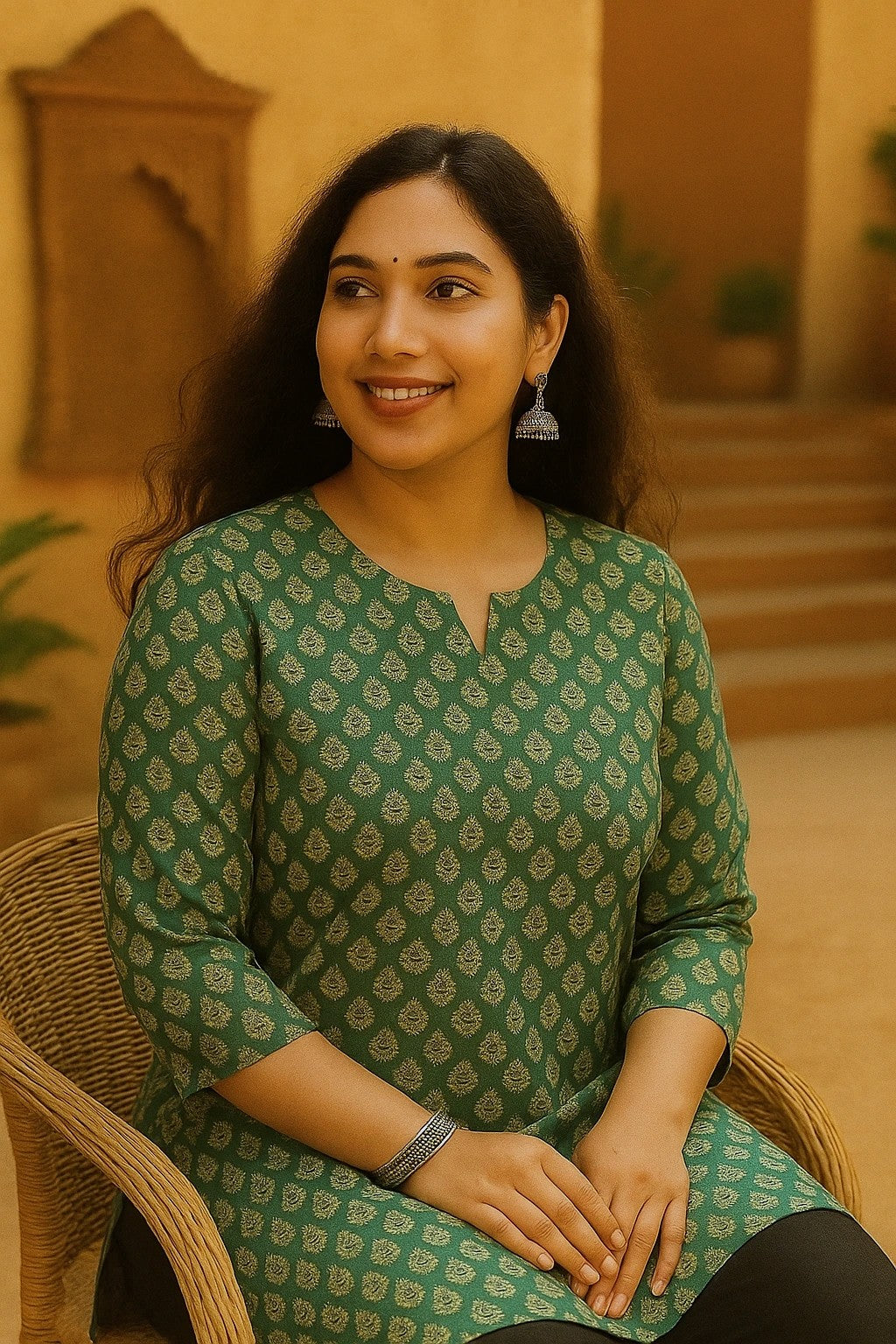 Green Paisley Printed Cotton Short Kurti