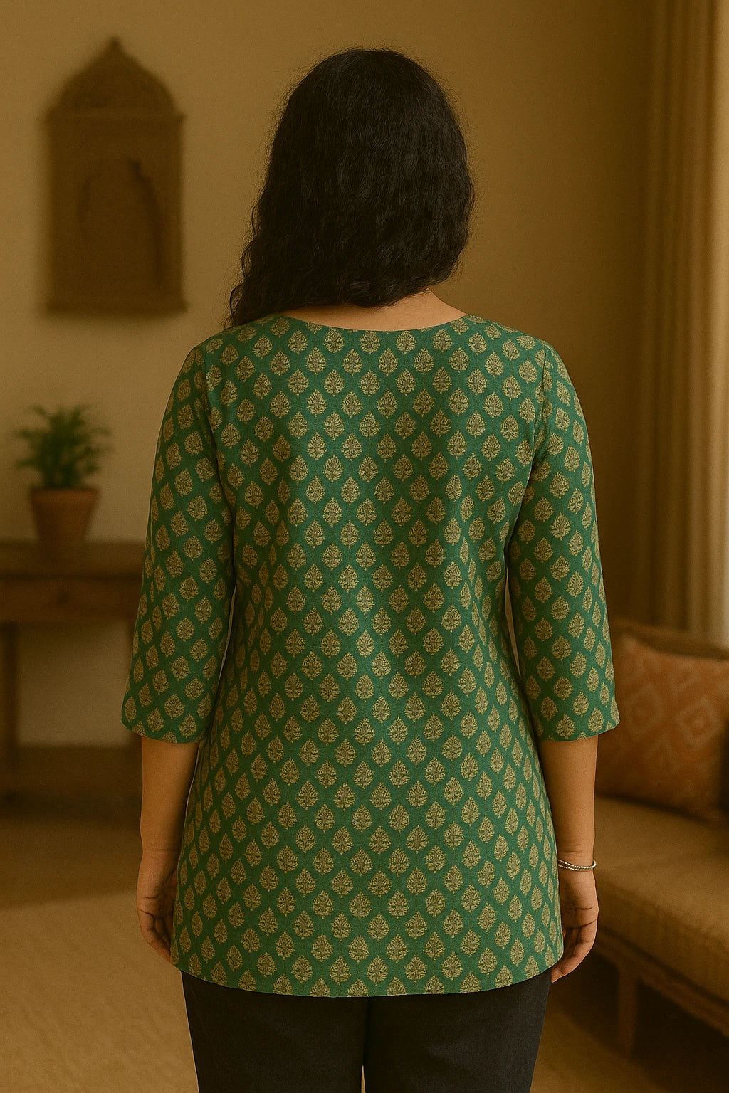 Green Paisley Printed Cotton Short Kurti