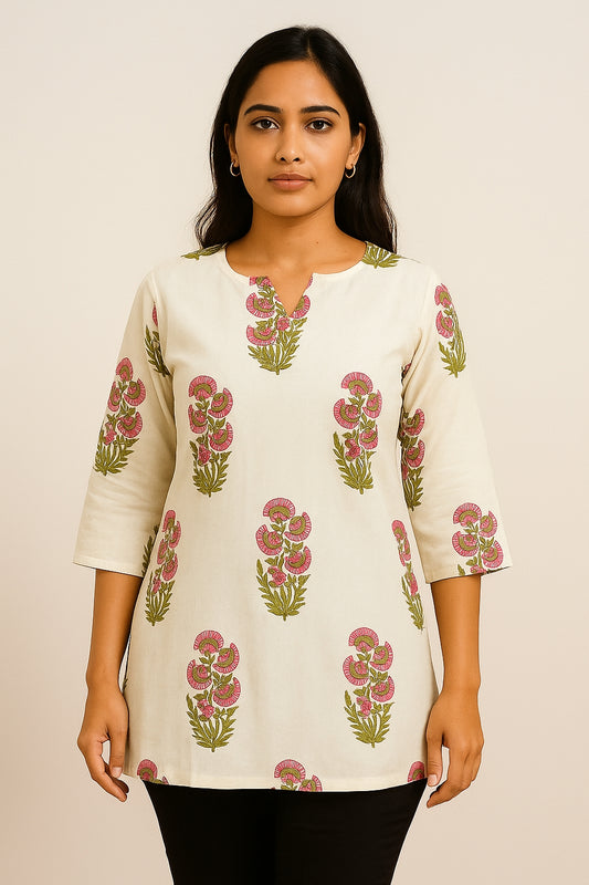Ivory Floral Printed Short Kurti for Women