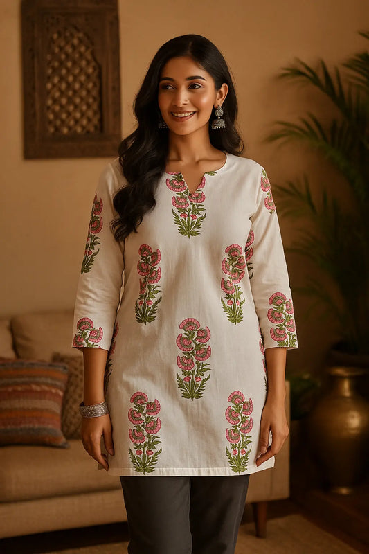 Ivory Floral Printed Short Kurti for Women