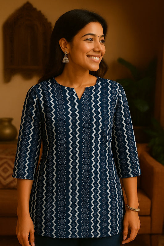 Navy Blue Short Kurti White Pattern