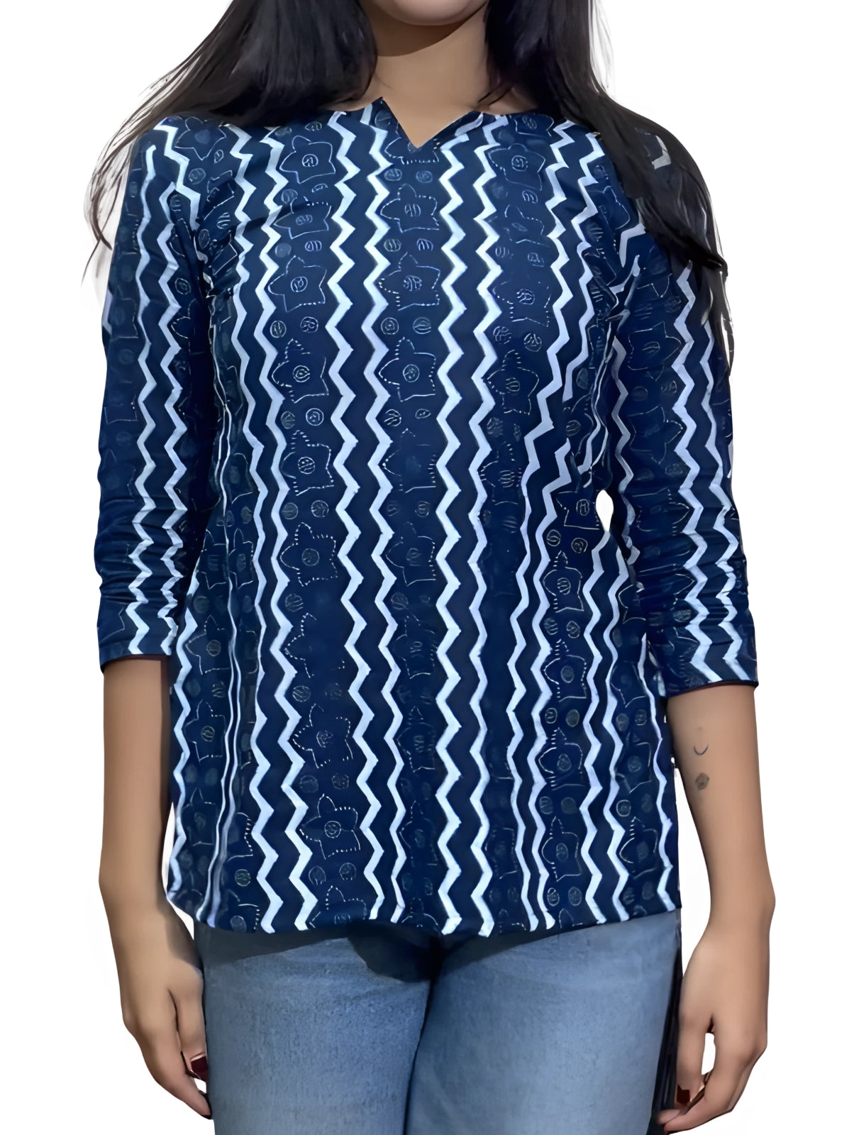 Navy Blue Short Kurti White Pattern