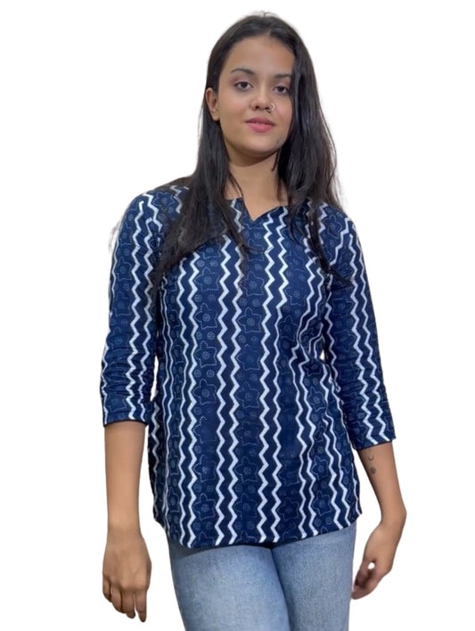 Navy Blue Short Kurti White Pattern