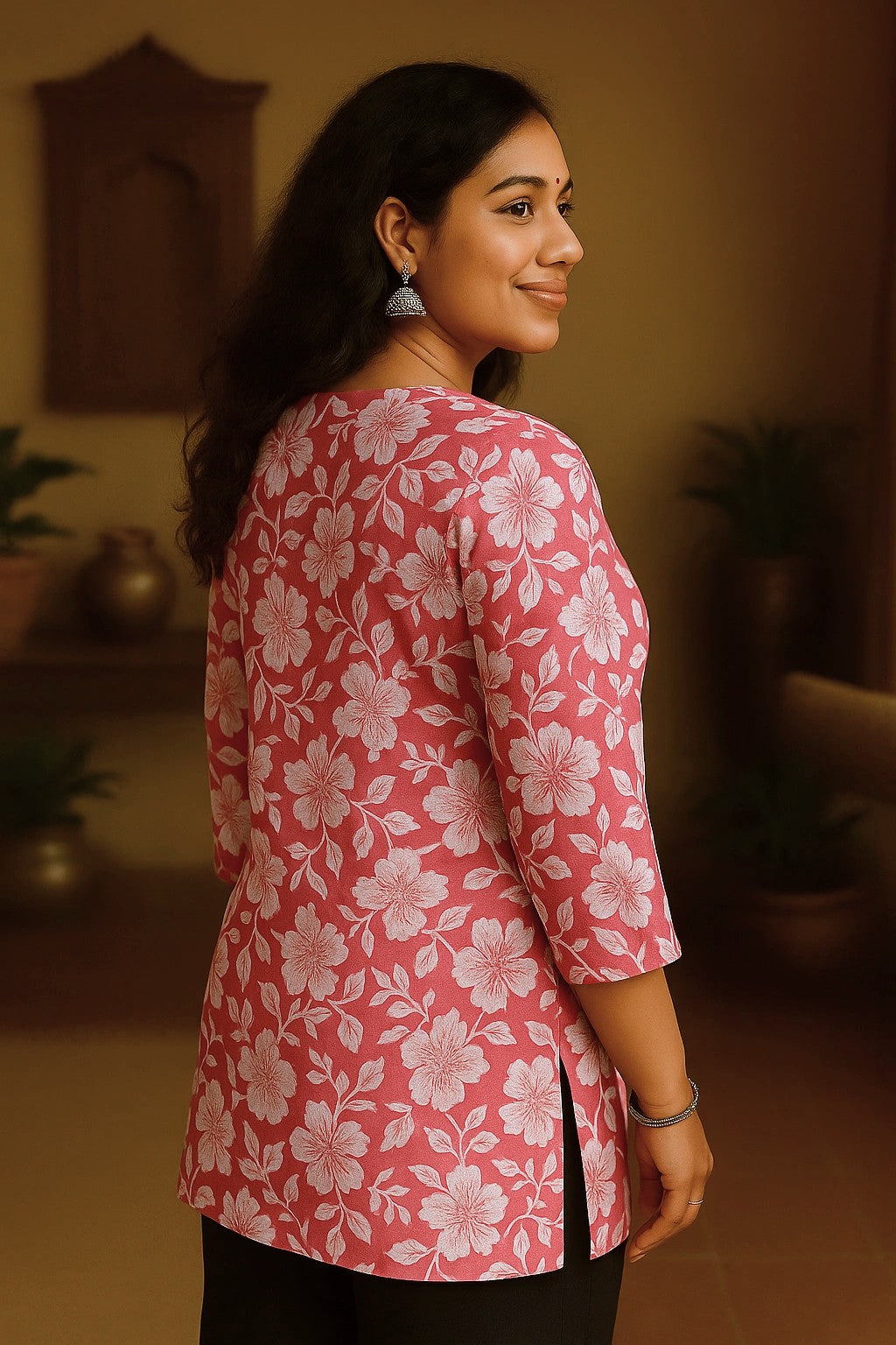 Pink Kurti with White Floral Print My Mahak