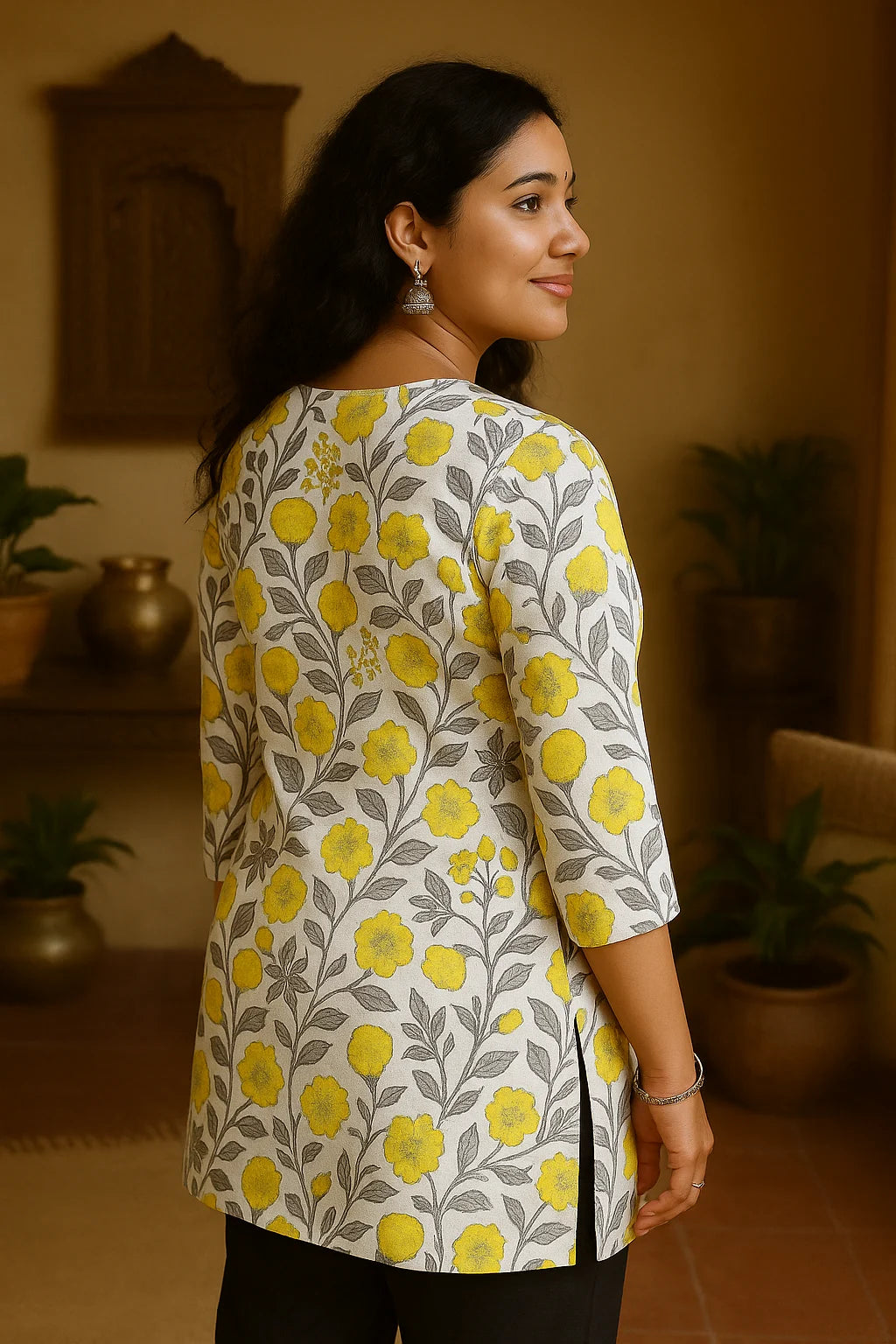 White Yellow Floral Printed Cotton Short Kurti