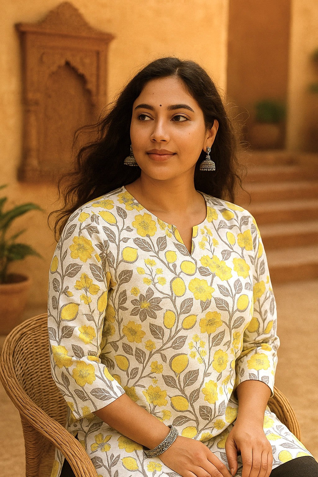 White Yellow Floral Printed Cotton Short Kurti