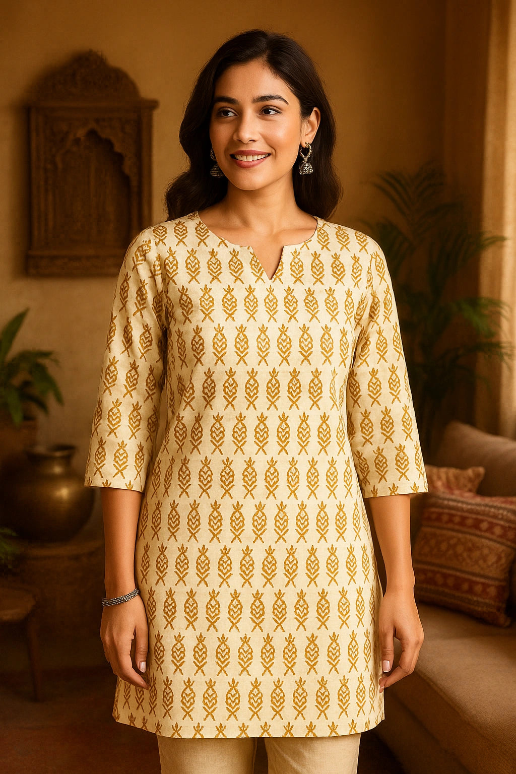 Beige Short Kurti for Women – Mustard Yellow Block Print