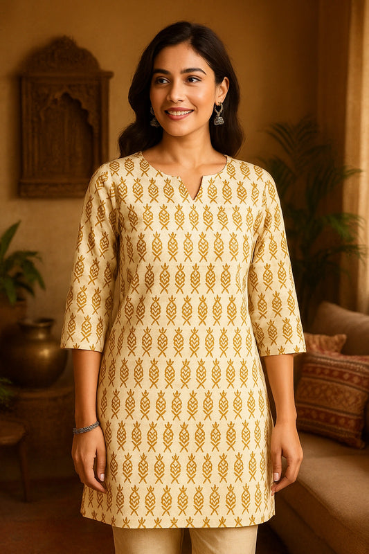 Beige Short Kurti for Women – Mustard Yellow Block Print
