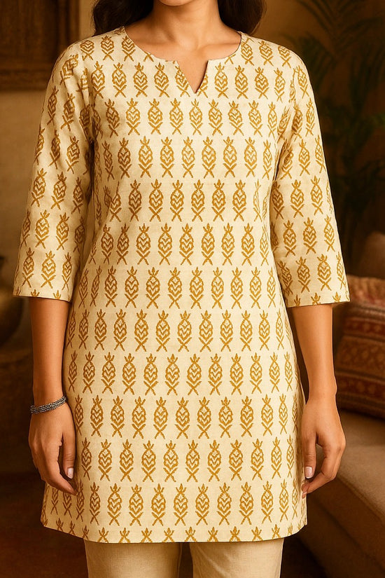 Beige Short Kurti for Women – Mustard Yellow Block Print