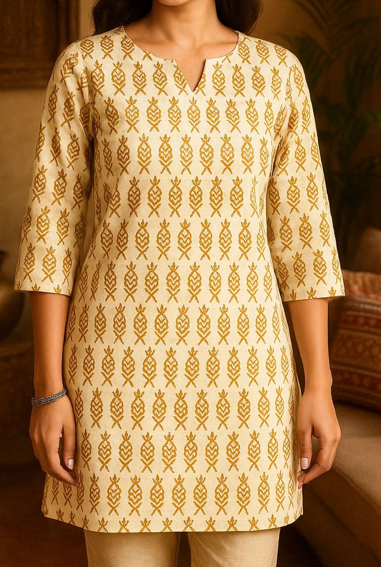 Beige Short Kurti for Women – Mustard Yellow Block Print