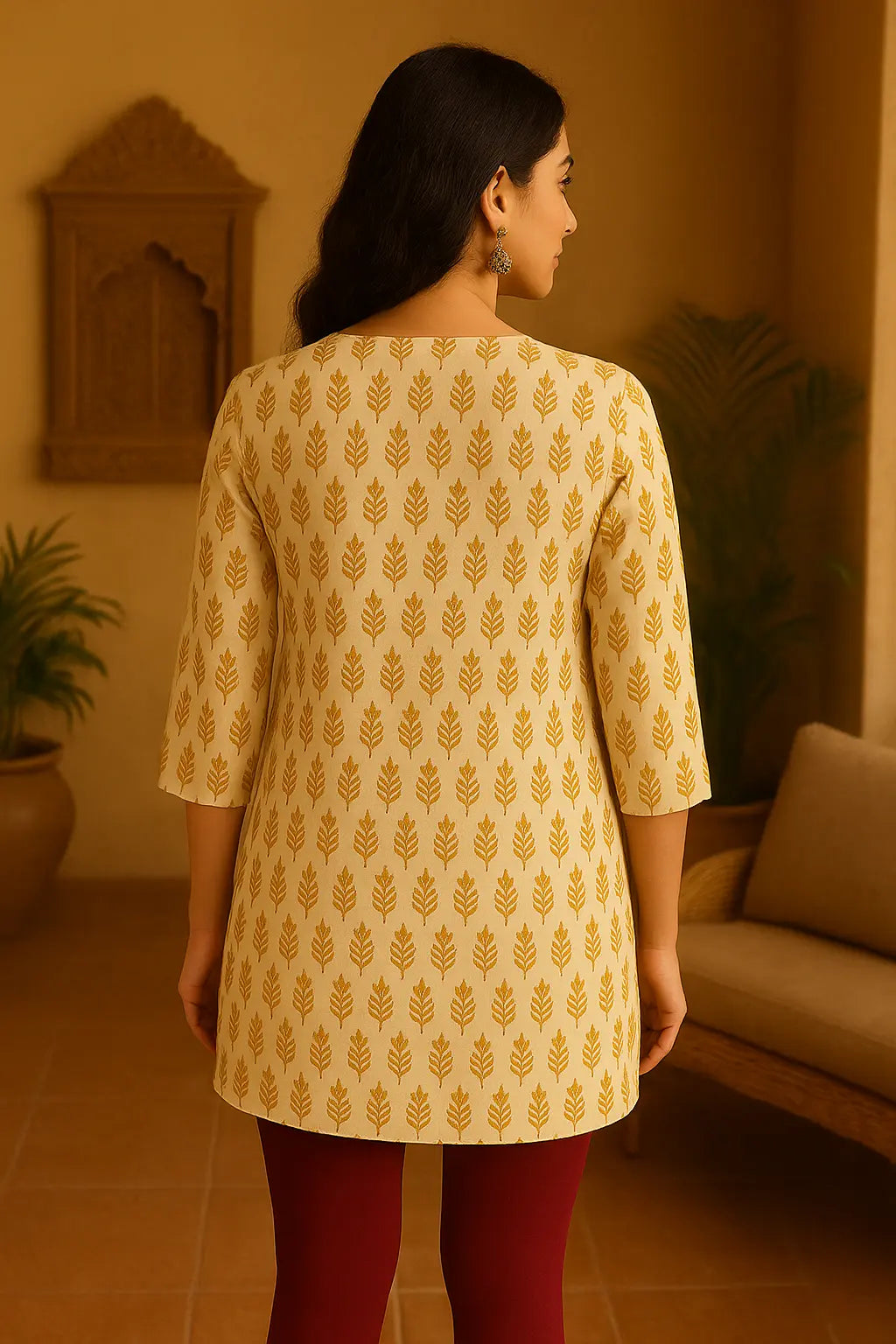Beige Short Kurti for Women – Mustard Yellow Block Print