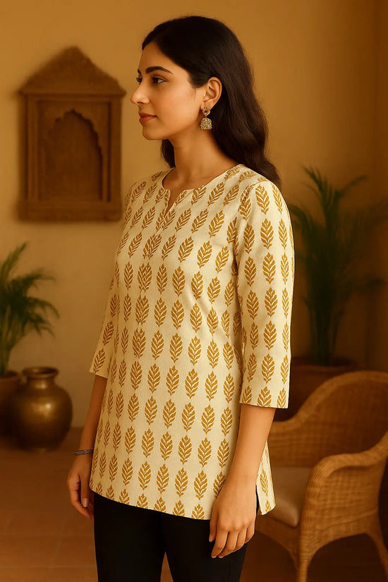 Beige Short Kurti for Women – Mustard Yellow Block Print