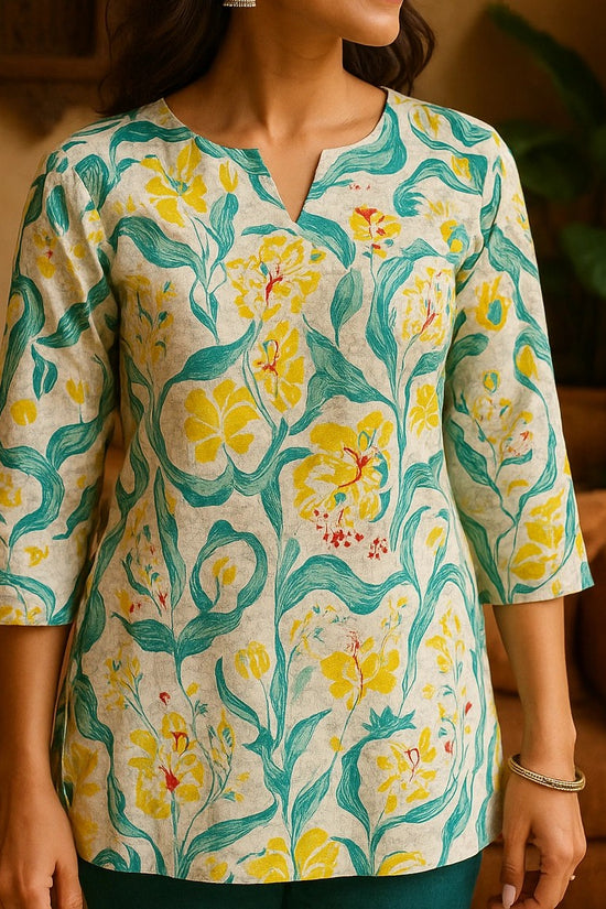 Floral Cotton Short Kurti for Women – Yellow & Green Botanical Print