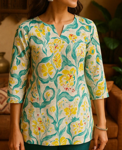 Floral Cotton Short Kurti for Women – Yellow & Green Botanical Print