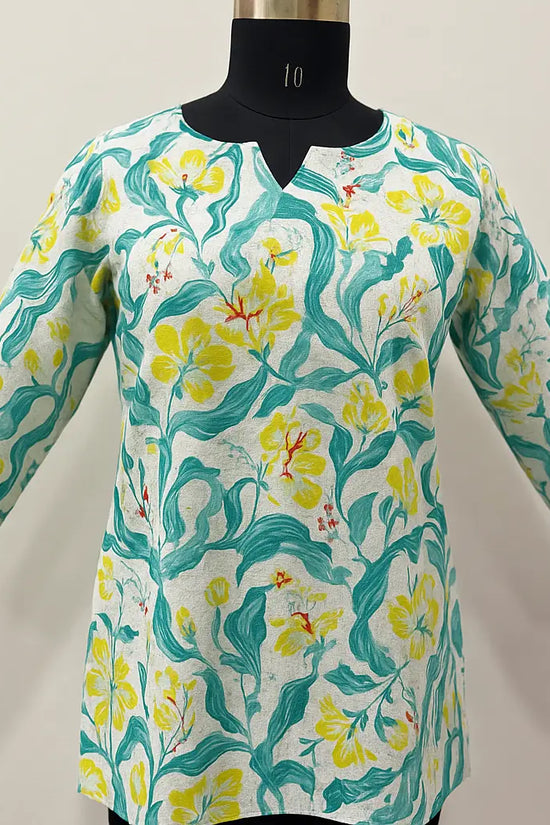 Floral Cotton Short Kurti for Women – Yellow & Green Botanical Print