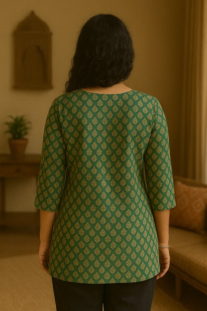 Green Paisley Printed Cotton Short Kurti