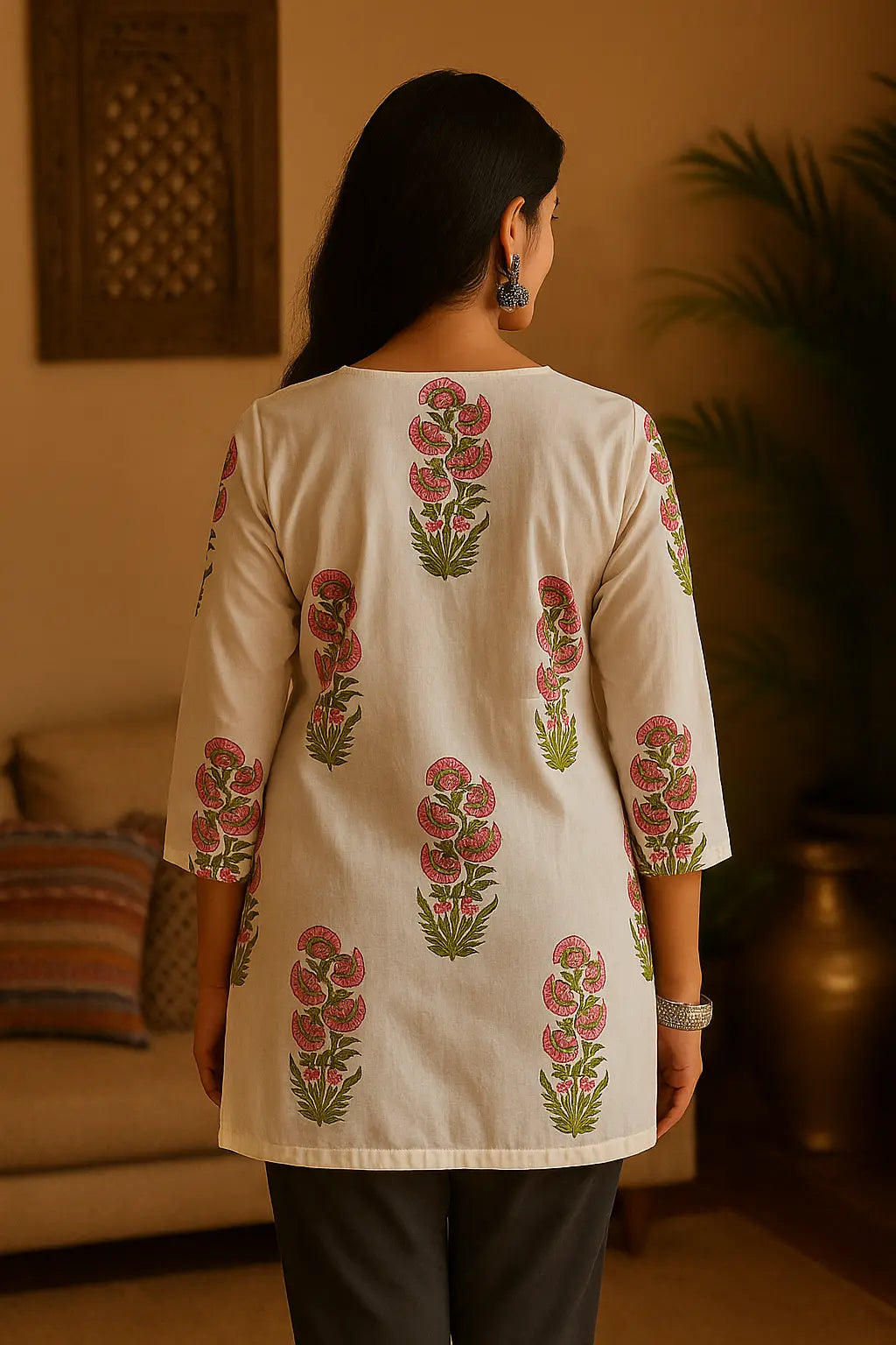 Ivory Floral Printed Short Kurti for Women
