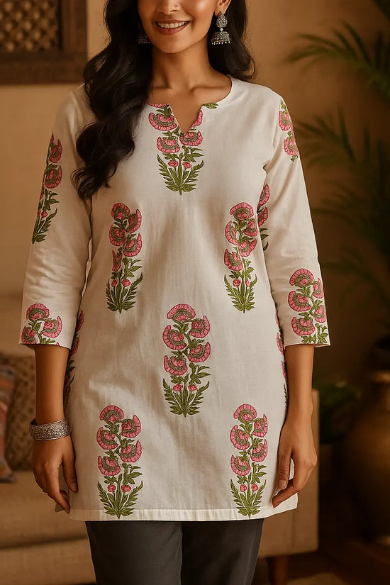 Ivory Floral Printed Short Kurti for Women