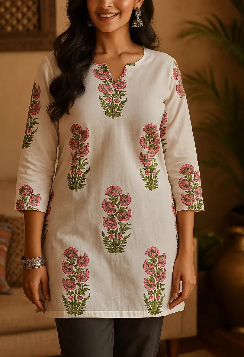 Ivory Floral Printed Short Kurti for Women