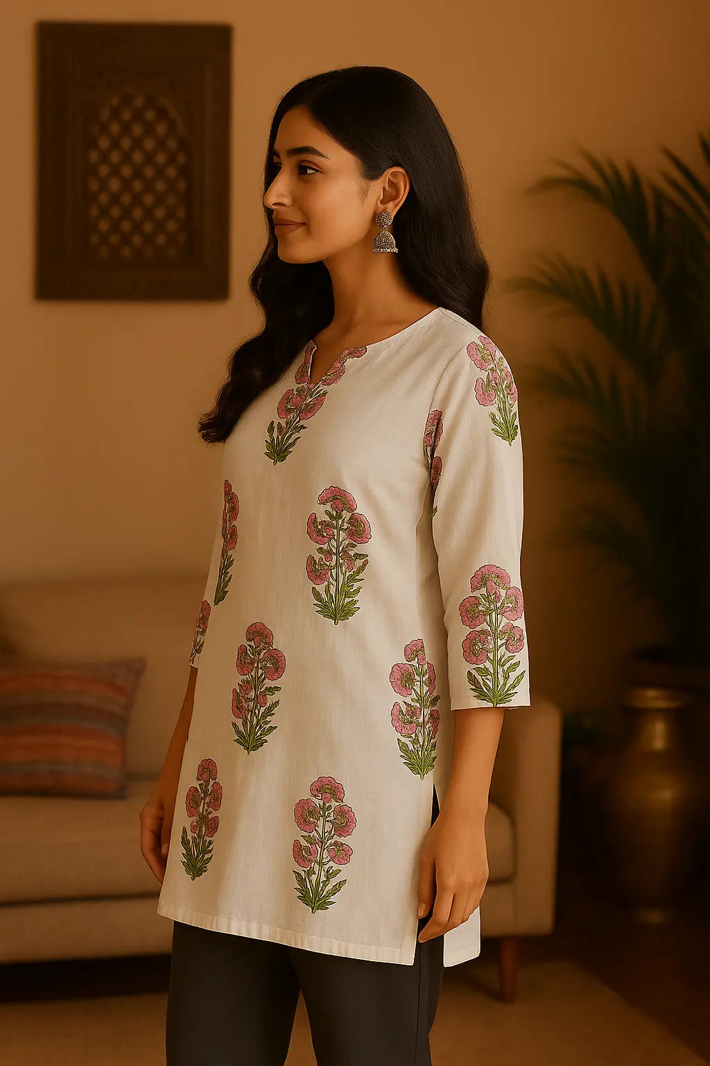Ivory Floral Printed Short Kurti for Women