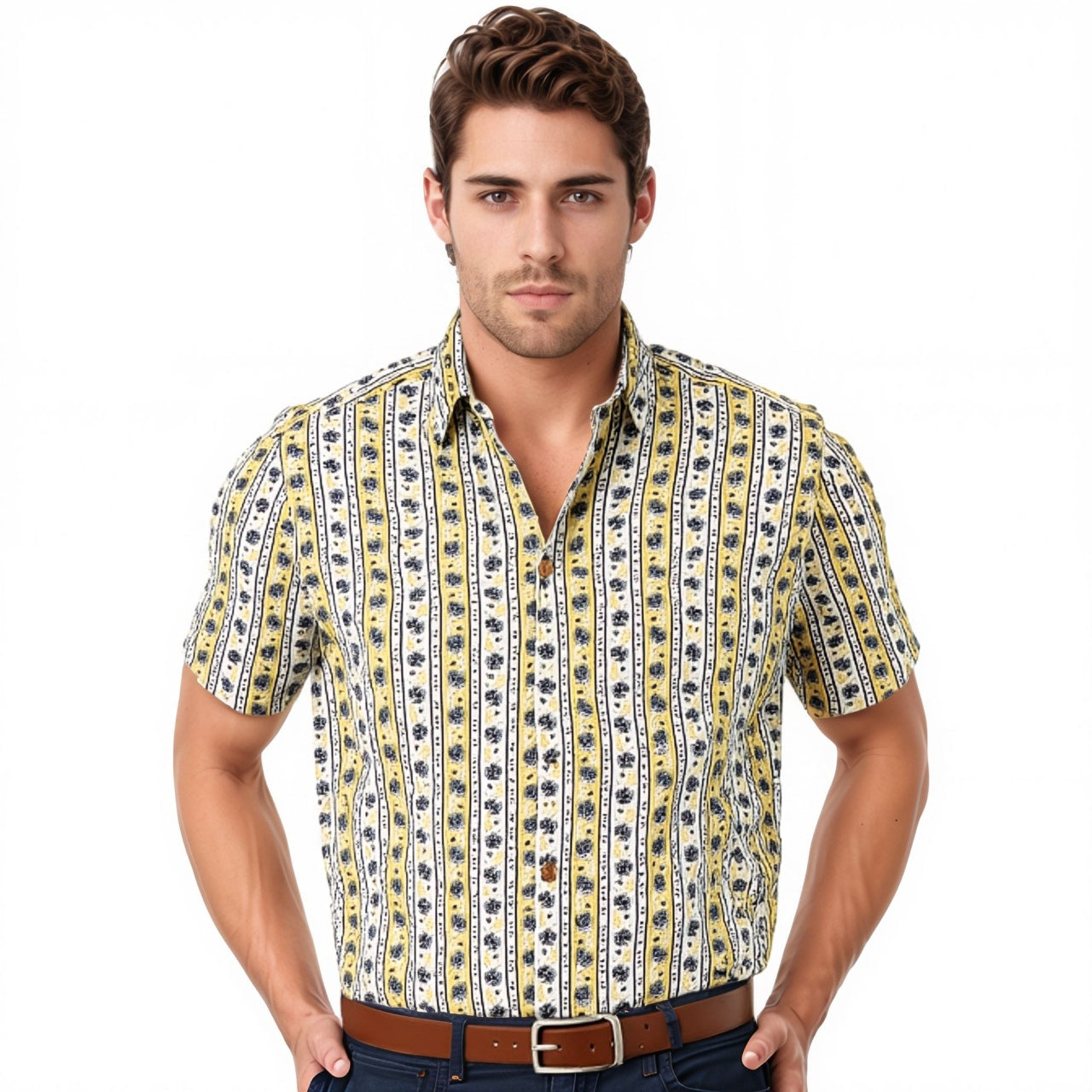 Mens Half Sleeve Cotton Shirt Small Floral Pattern