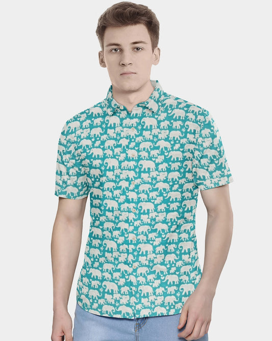 Pastel Blue Elephant Print Cotton Shirt For Men