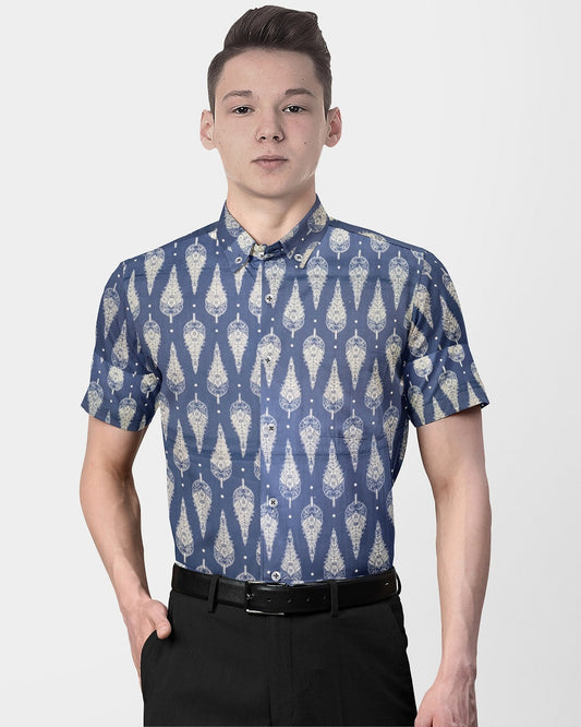 Neavy Blue Leaf Printed Shirt For Men