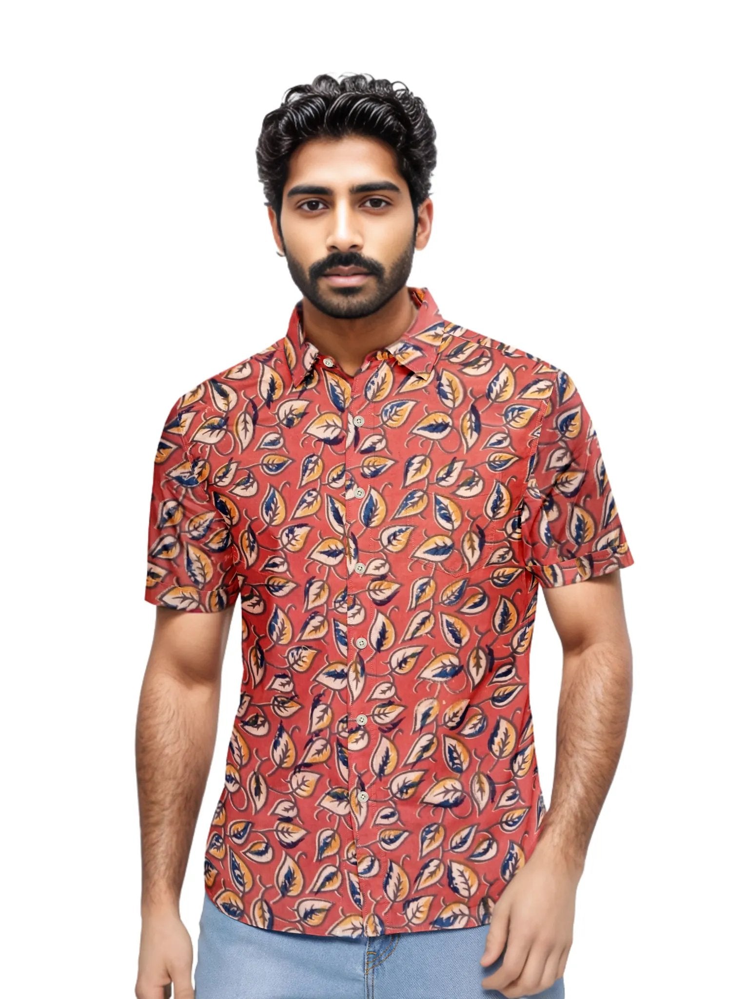 MyMahak Leaf Printed Red Shirt
