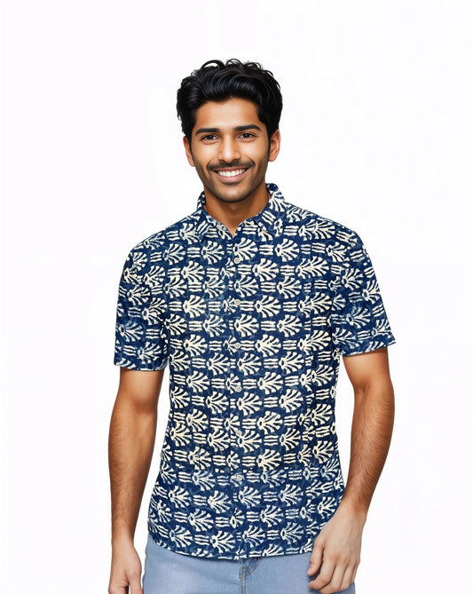 My Mahak Yellow Motif Indigo Shirt