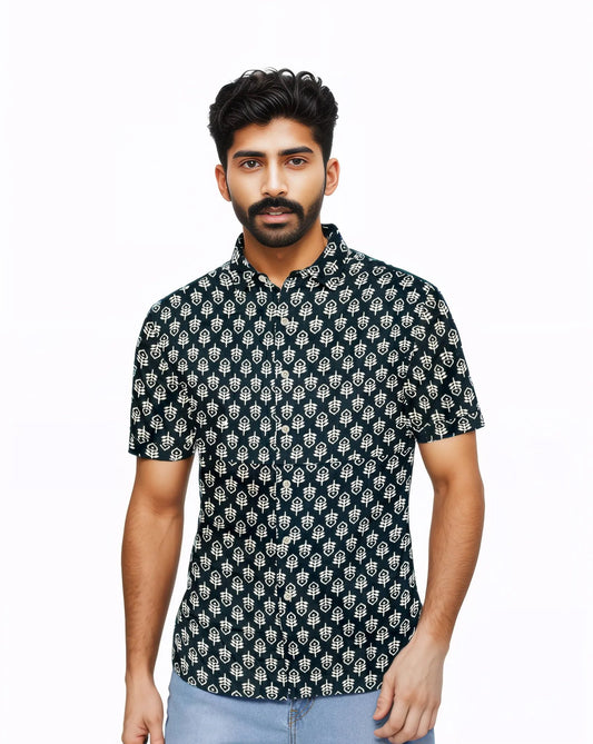 My Mahak White Motif Black Shirt