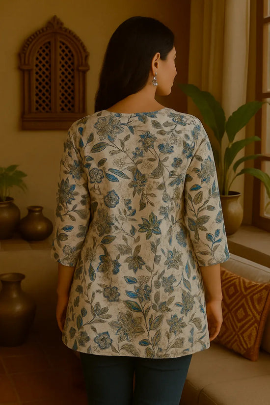 Short Kurti Cream Floral Printed Cotton - Teal & Grey Blooms