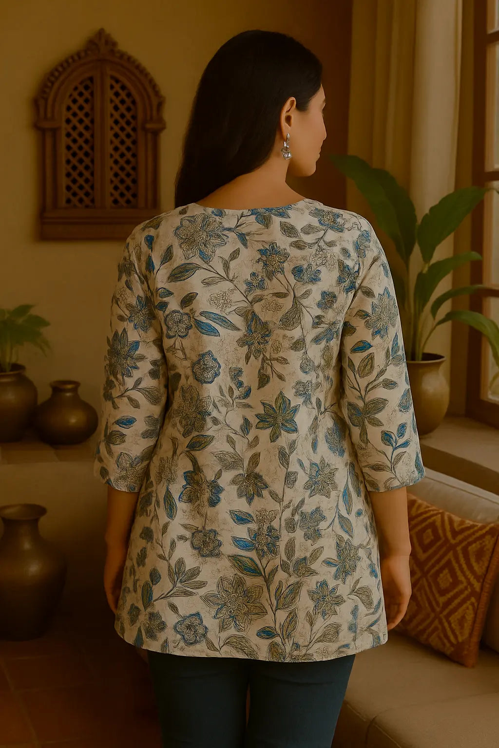 Short Kurti Cream Floral Printed Cotton - Teal & Grey Blooms