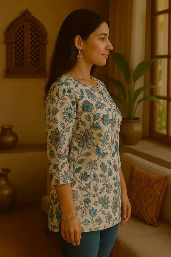 Short Kurti Cream Floral Printed Cotton - Teal & Grey Blooms