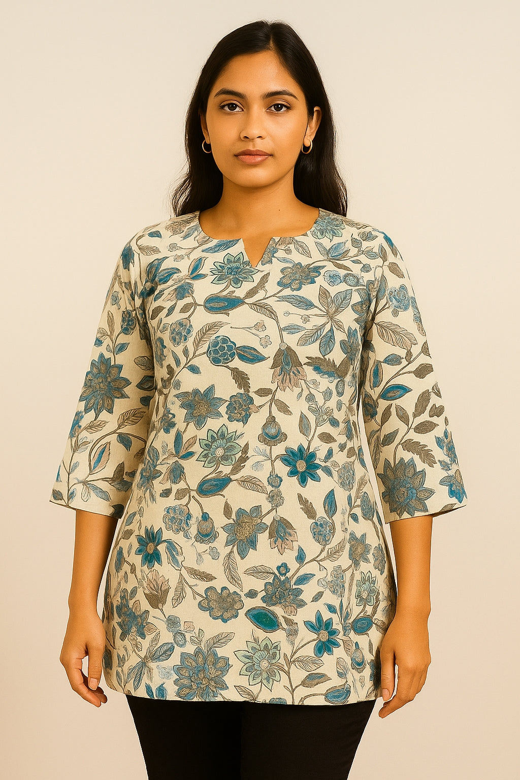 Short Kurti Cream Floral Printed Cotton - Teal & Grey Blooms