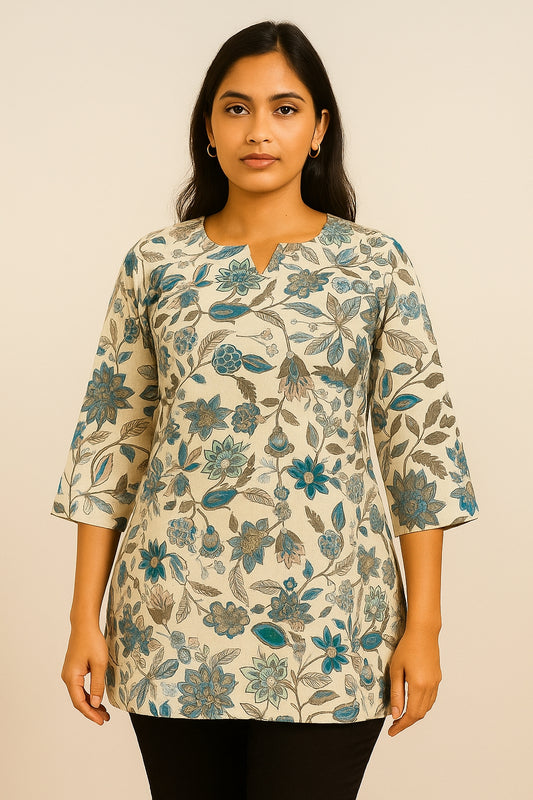 Short Kurti Cream Floral Printed Cotton - Teal & Grey Blooms
