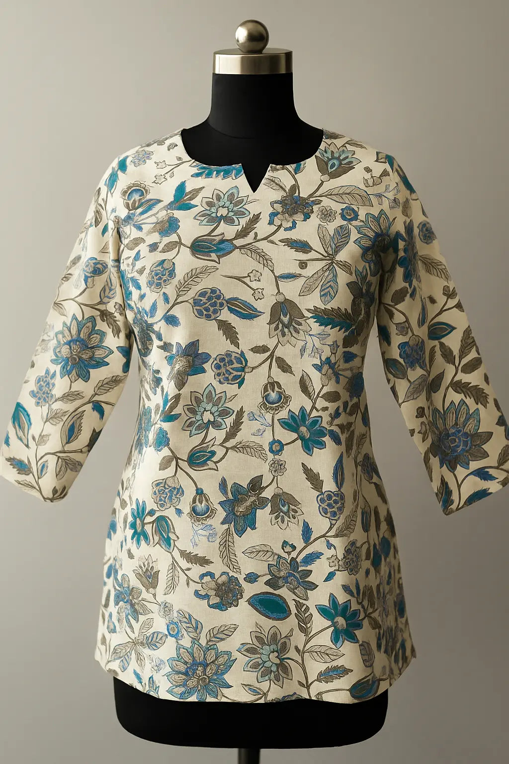 Short Kurti Cream Floral Printed Cotton - Teal & Grey Blooms