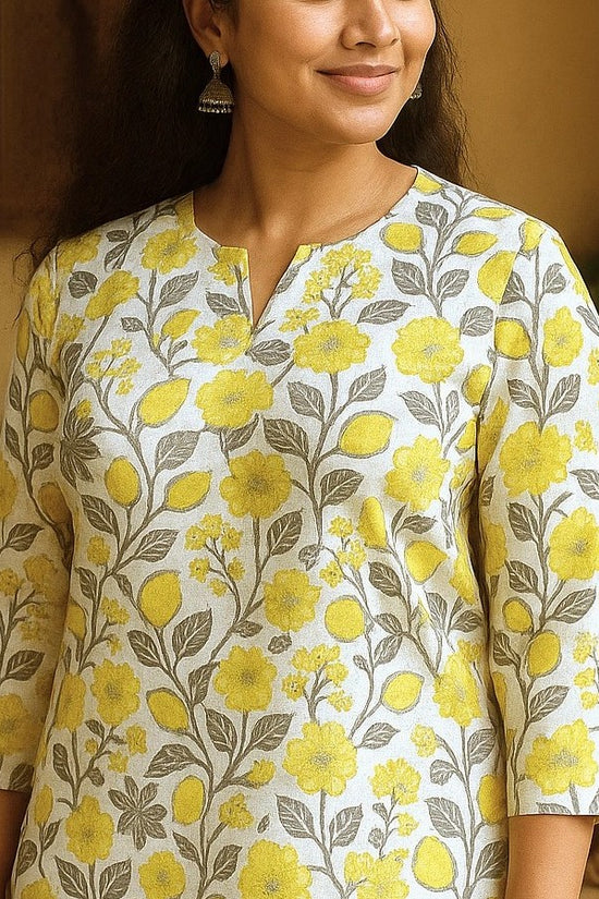 White Yellow Floral Printed Cotton Short Kurti