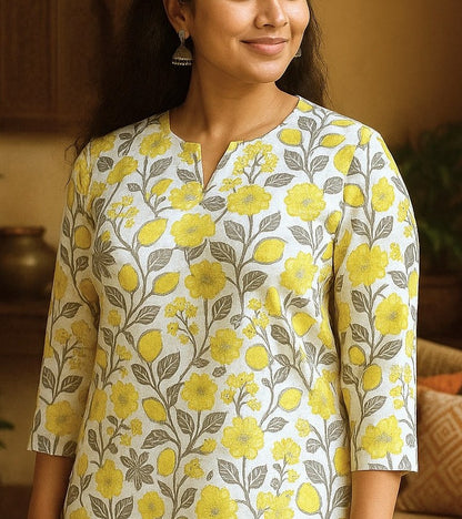 White Yellow Floral Printed Cotton Short Kurti
