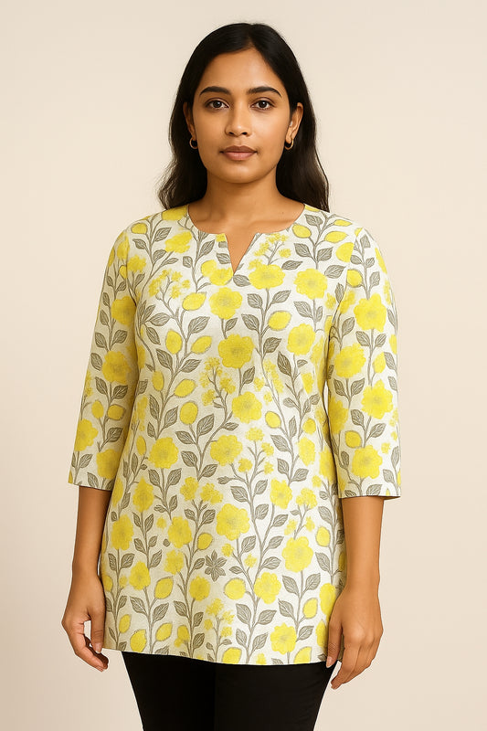 White Yellow Floral Printed Cotton Short Kurti
